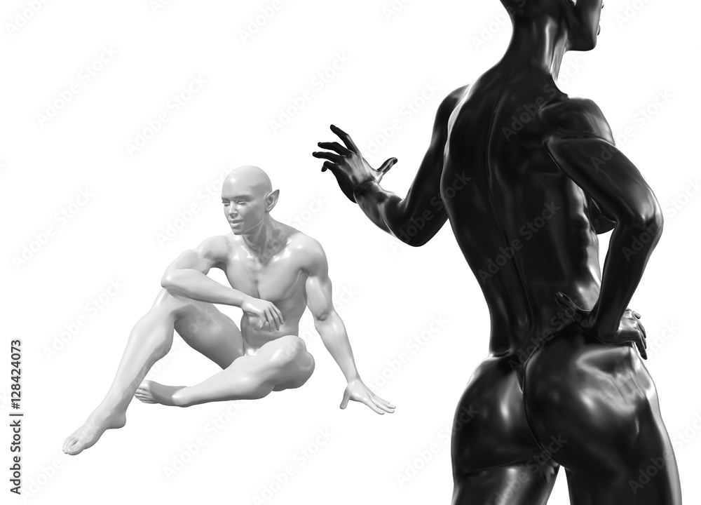 Black back Female woman torso on foreground and the white elven fantasy man on background. 3d rendered medical conceptual illustration Black back Female woman torso on foreground and the white elven fantasy man on background. 3d rendered medical conceptual illustration