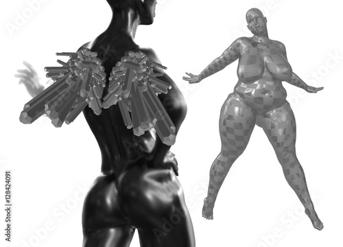 Black back Female woman torso with abstract wings on foreground and the fat woman on background. 3d rendered medical concept illustration. Obesity problems