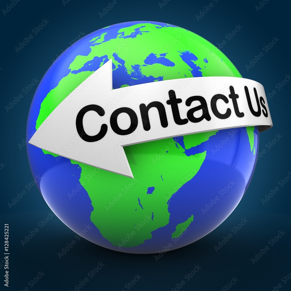 3d illustration of world globe over blue background  with contact us text on white arrow