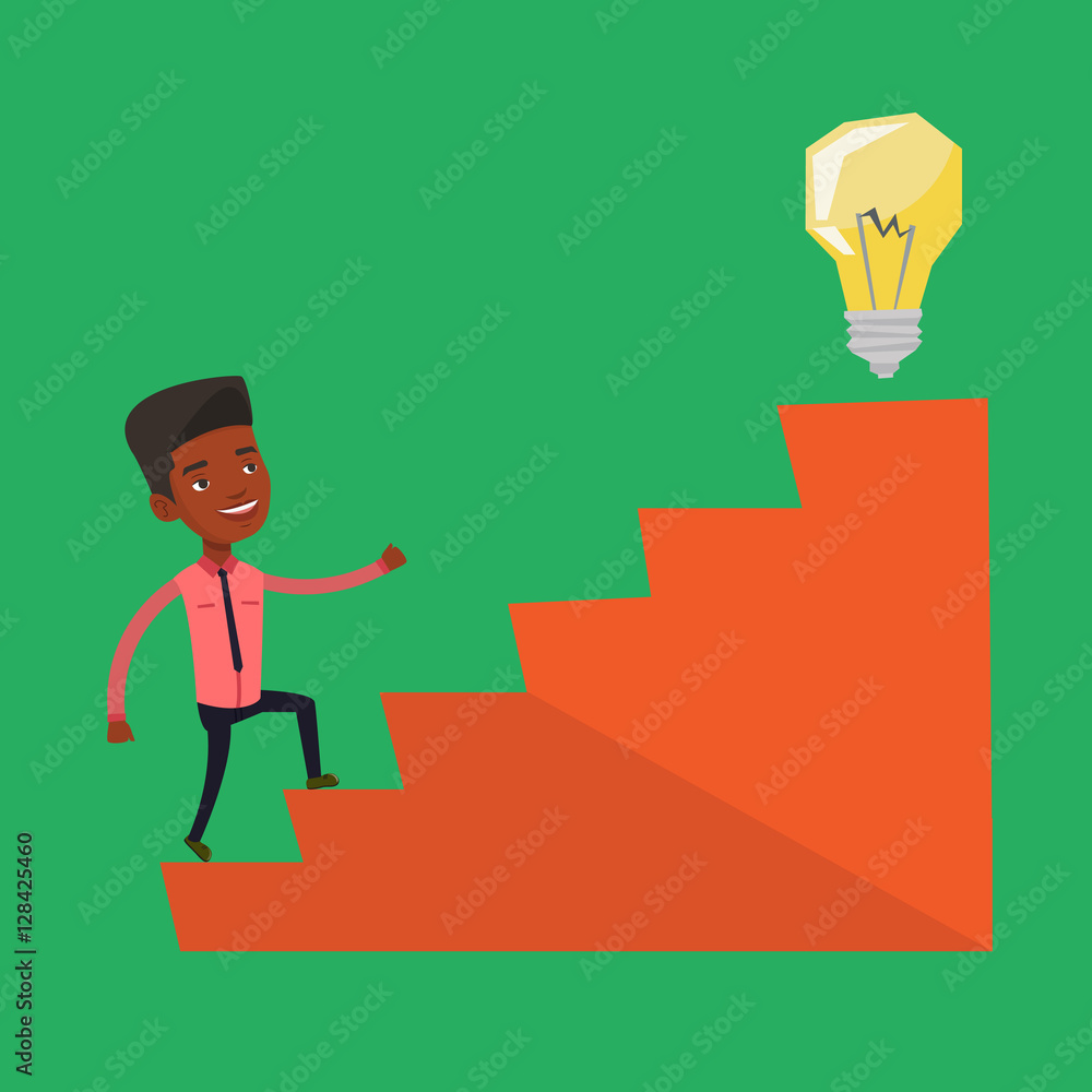 Businessman walking upstairs to the idea bulb. Businessman walking upstairs to the idea bulb.