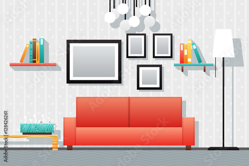 House Interior Living Room Furniture Icons Set Flat Design Vector Illustration