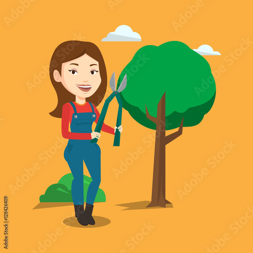 Farmer with pruner in garden vector illustration.