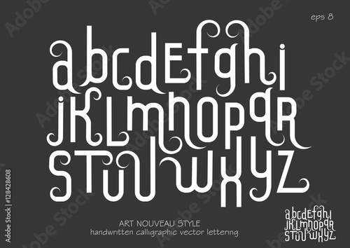 Vector alphabet set. Lowercase letters with decorative flourishes in the Art Nouveau style. White letters on black background.