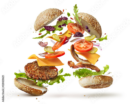 burger with flying ingredients
