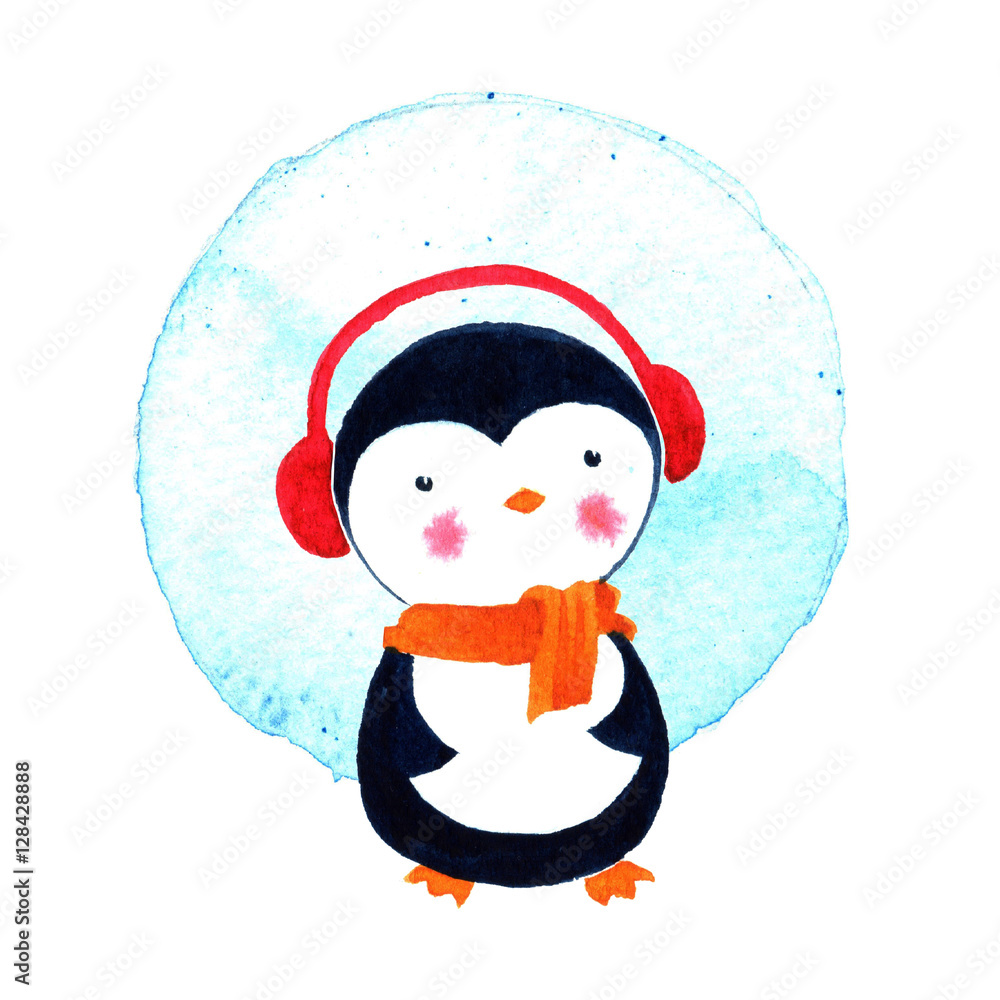 Cartoon penguin for babies and little kids. Watercolor illustration isolated on white background
