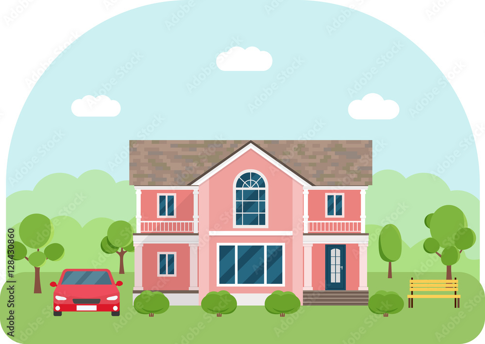 Private living house with car. Family house surrounded by trees with blue sky background. Vector flat illustration