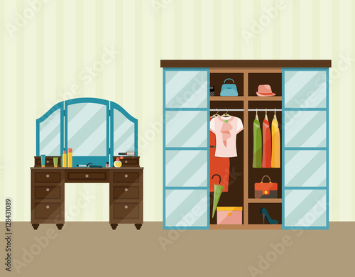 Bedroom Interior with Dresser, Wardrobe, Mirror. Vector flat illustration.