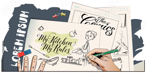 Woman in kitchen. Cooking. Hand paints picture.