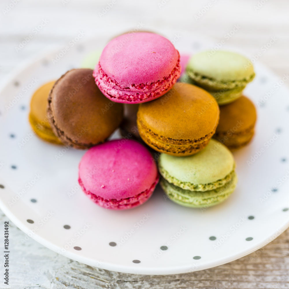Colorful and delicious macaroons, French cakes.