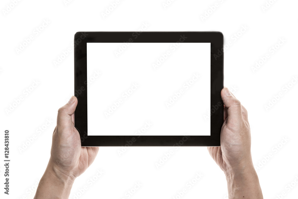 Two hands hold and touch screen, a mobile phone(pad) isolated white Two hands hold and touch screen, a mobile phone(pad) isolated white