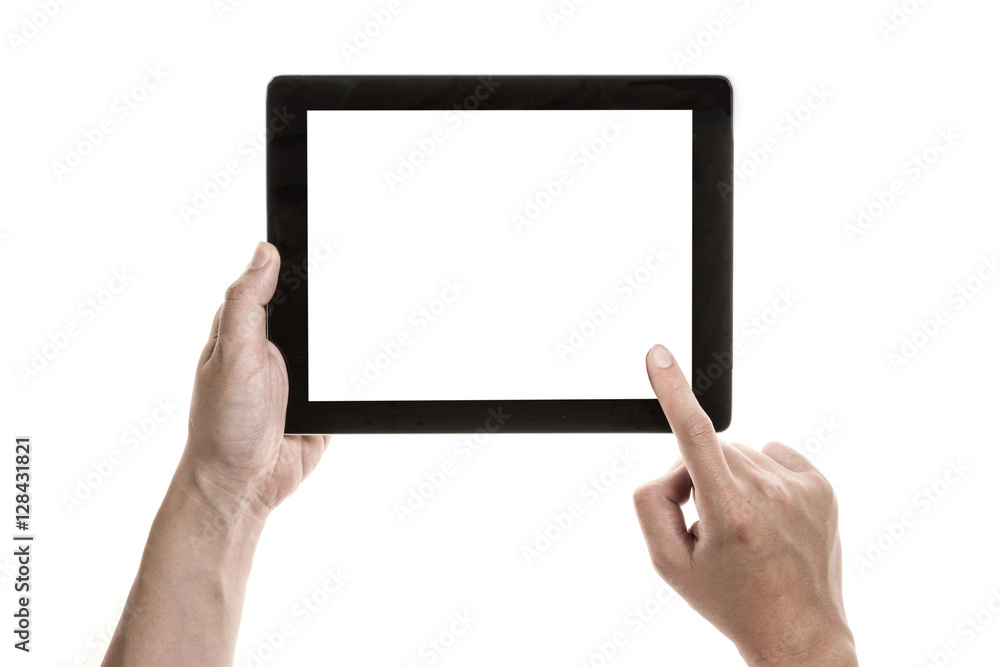 Two hands hold and touch screen, a mobile phone(pad) isolated white Two hands hold and touch screen, a mobile phone(pad) isolated white