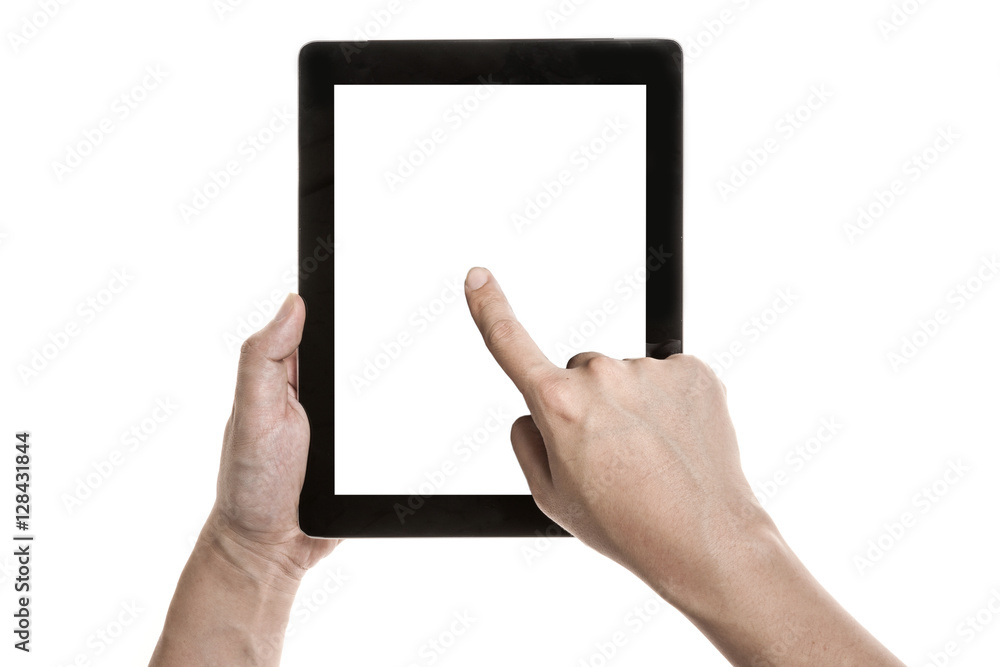 Two hands hold and touch screen, a mobile phone(pad) isolated white Two hands hold and touch screen, a mobile phone(pad) isolated white