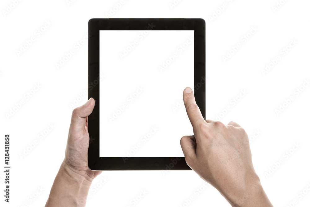 Two hands hold and touch screen, a mobile phone(pad) isolated white Two hands hold and touch screen, a mobile phone(pad) isolated white