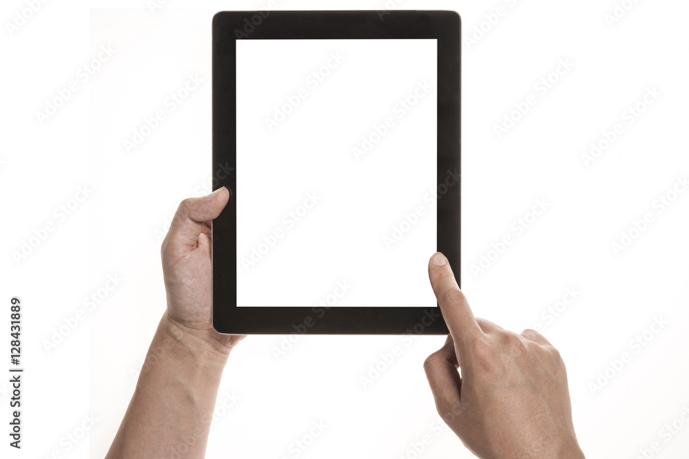 Two hands hold and touch screen, a mobile phone(pad) isolated white Two hands hold and touch screen, a mobile phone(pad) isolated white