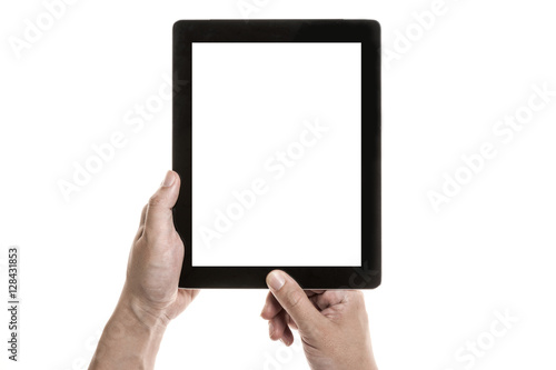 Two hands hold and touch screen, a mobile phone(pad) isolated white