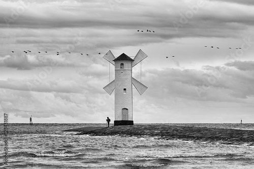 Lighthouse windmill Stawa Mlyny, Swinoujscie, Baltic Sea, Poland - black&white photo