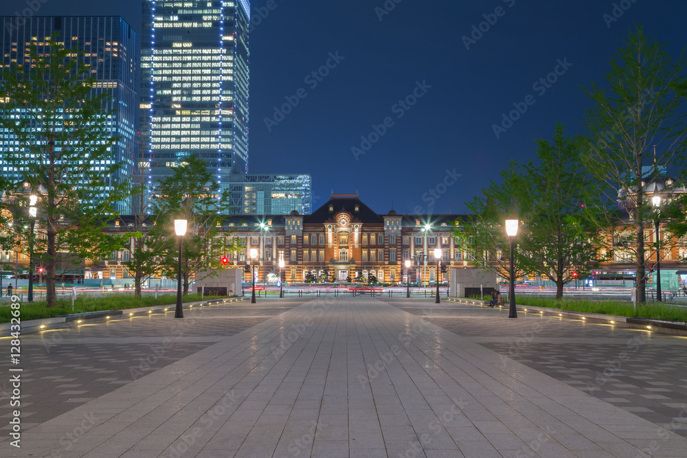 Walkway in front of Tokyo Station at night, Japan