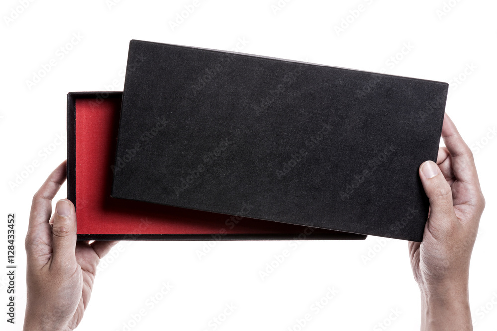 Two hands hold a empty(blank) black box, open isolated white. Two hands hold a empty(blank) black box, open isolated white.