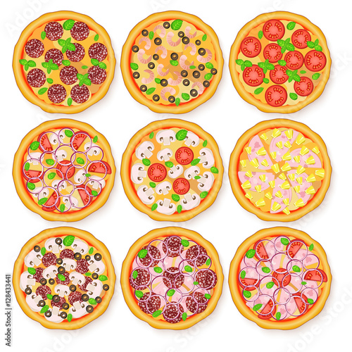 Vector illustration of realistic pizza set. Margherita, Pepperoni, Hawaiian, Mexican, Mushroom, Seafood adn other pizzas for the menus and banners pizzerias, cafes, and other design projects.