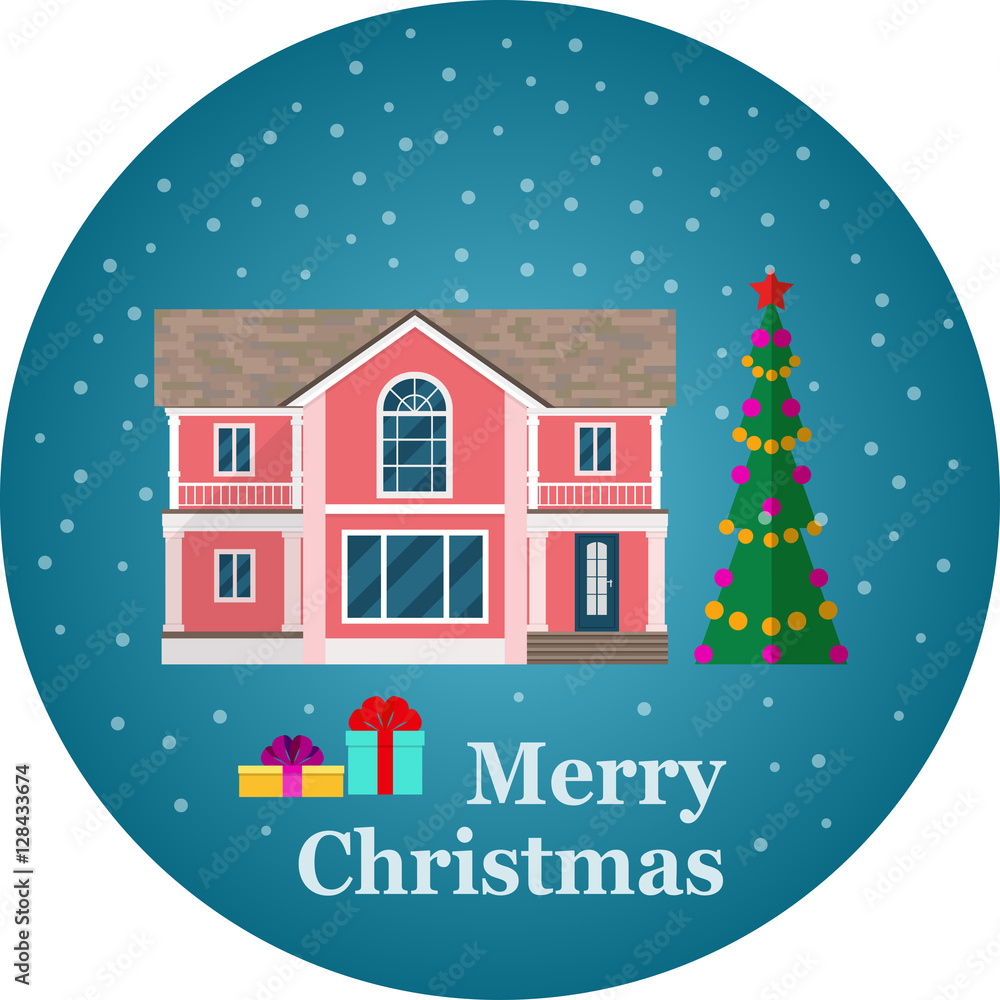 House with christmas tree and gift boxes. Vector flat illustration