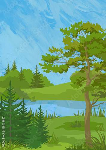 Landscape  Pine  Fir Trees and Grass on the Shore of a Lake on Hand-Draw Oil Paint Painting Background