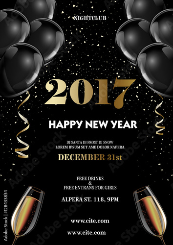 Happy new year 2017 fancy gold champagne and black hot air baloons.