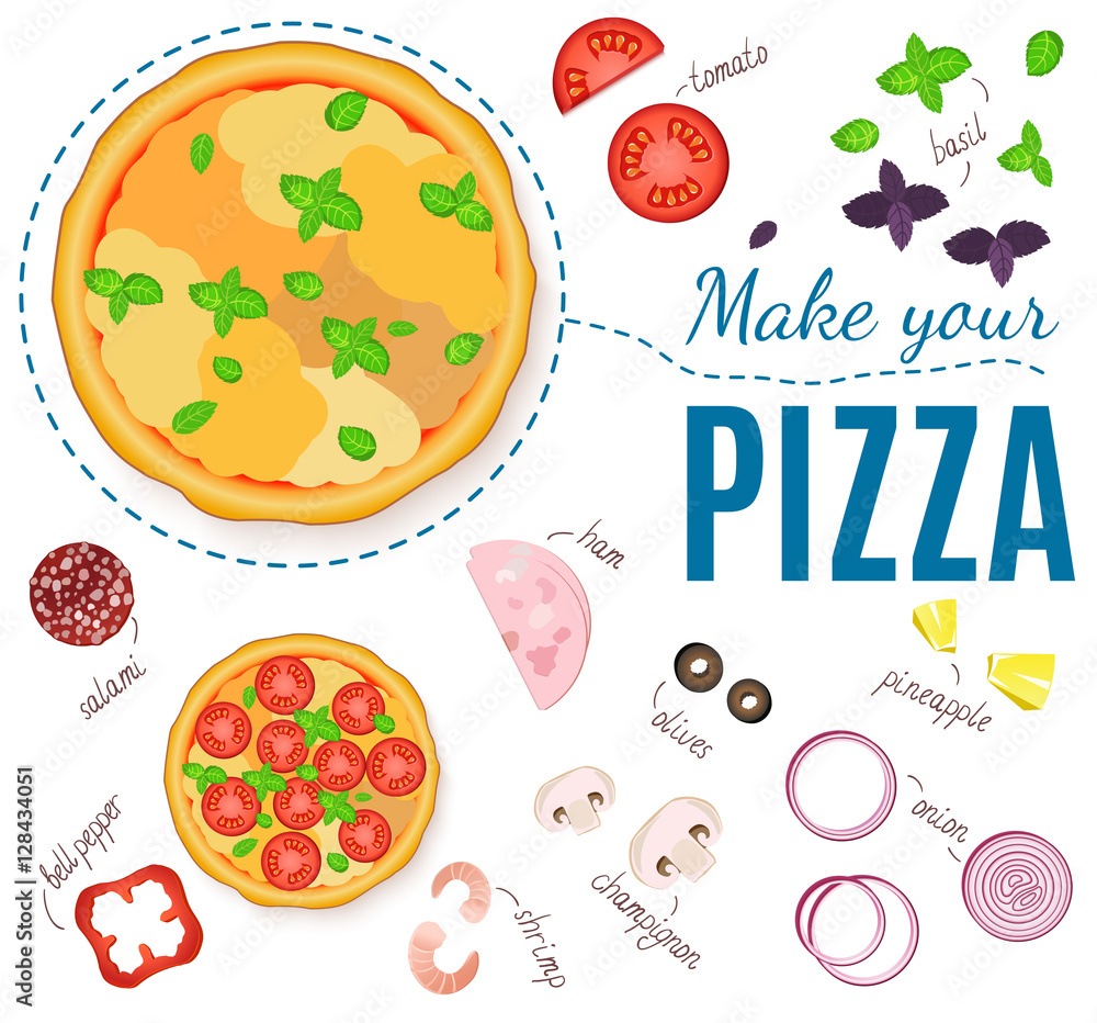 Set realistic ingredients for pizza. Make your pizza. Vector products for the menus and banners pizzerias, cafes, and other design projects.
