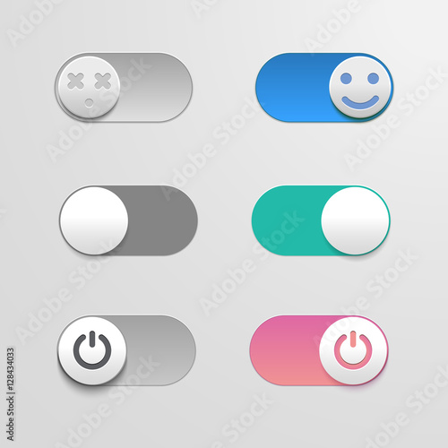 Toggle switch set, On and Off sliders, vector elements for your design. The switches in the form of smiley.