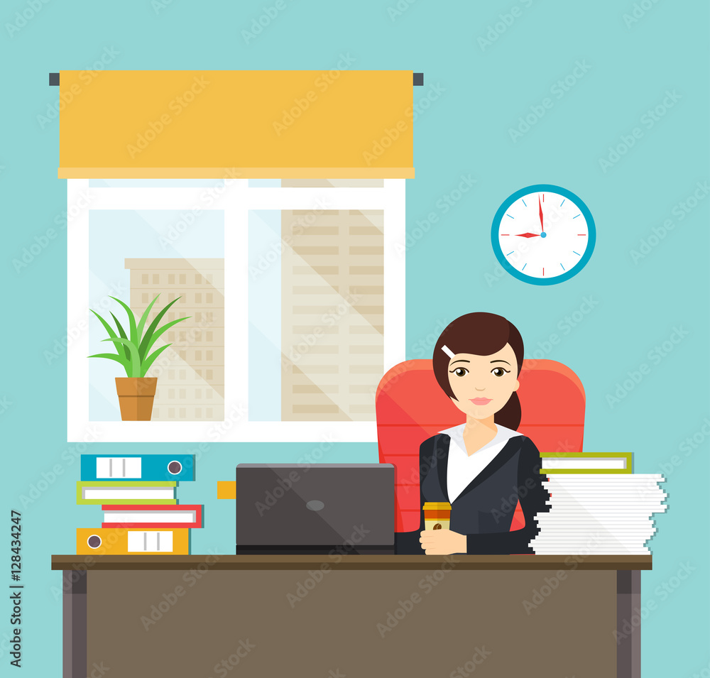 Business woman or a clerk working at her office desk.Young woman holding coffee cup. Vector flat illustration