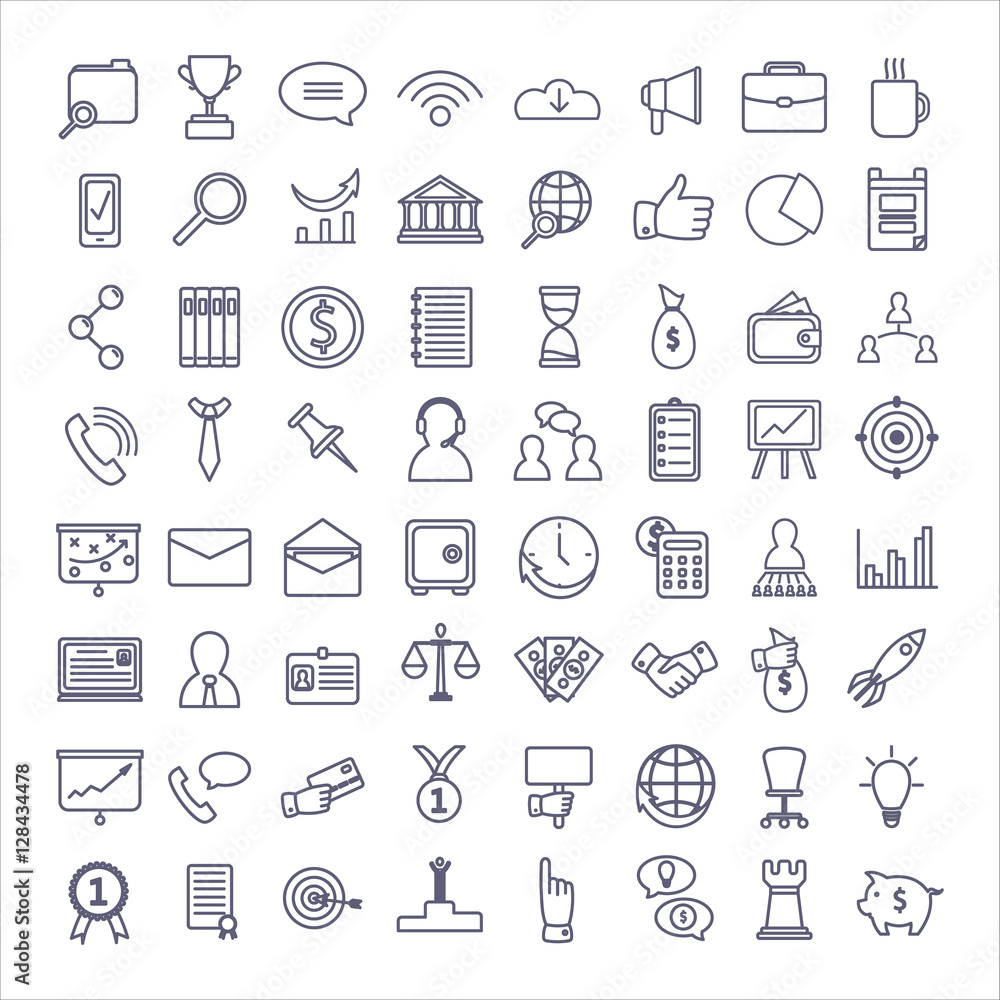 Business icons set. Different isolated symbols and signs on white background.