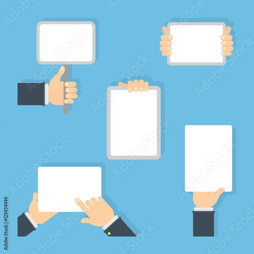 Hands with white paper set. Isolated hands with template signs and blank pages.