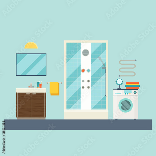 Bathroom cover with shower, sink and washing machine. Vector flat illustration.