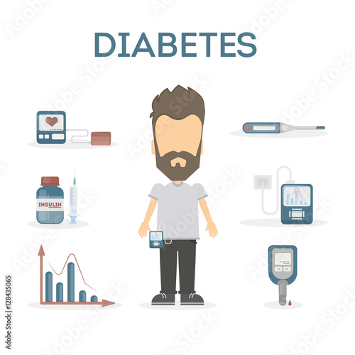 Diabetes infographic set. Man with equipment standing on white background.
