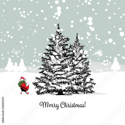 Santa Claus in winter forest. Christmas card