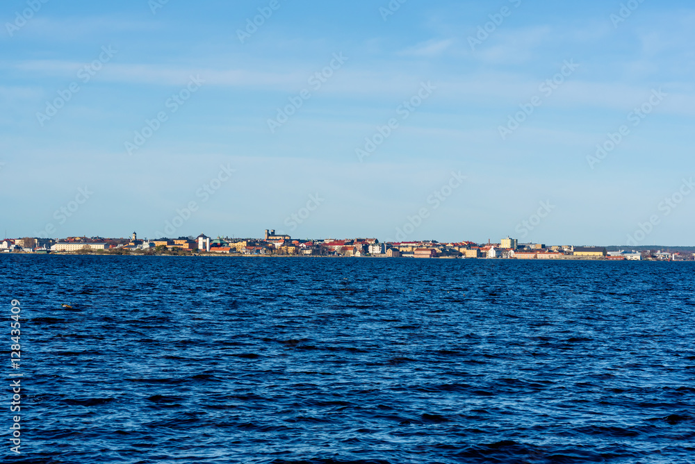 Cityscape of the Swedish coastal heritage city of Karlskrona as seen from the sea.