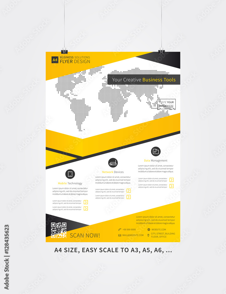 Fototapeta Poster layout vector illustration. Flyer template advertising design. Leaflet layout creative concept, A4 size, ready to print. Advert banner page.