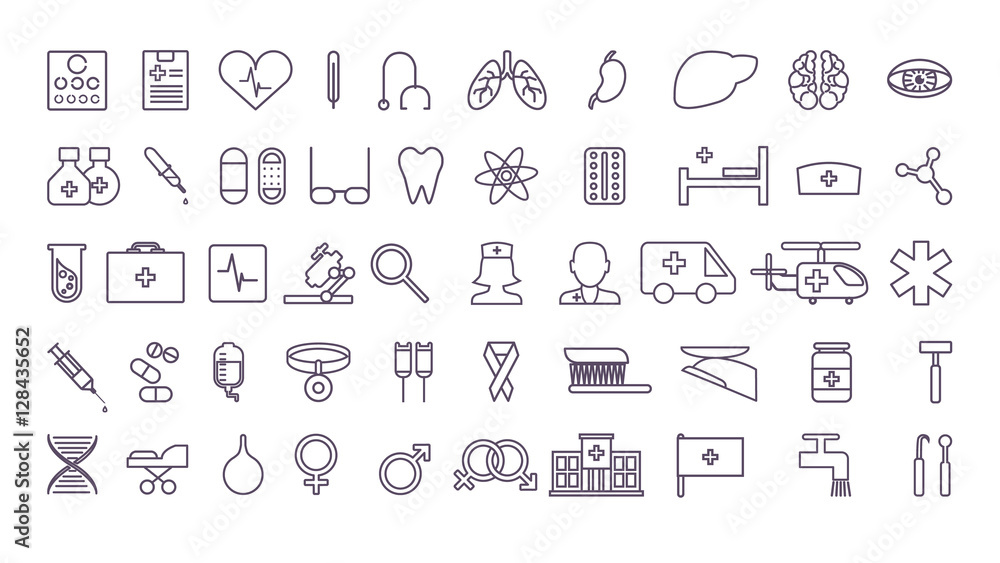 Medical icons set. All signs and symbolsof medical treatment on white background.