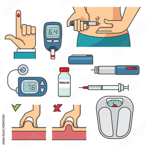 Diabetic therapy set line icons in flat design.