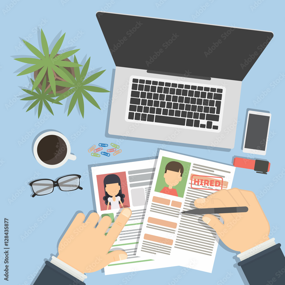 Supervising and accepting resume. Director considering cv, finding new staff. Office desktop topview. Supervising and accepting resume. Director considering cv, finding new staff. Office desktop topview.