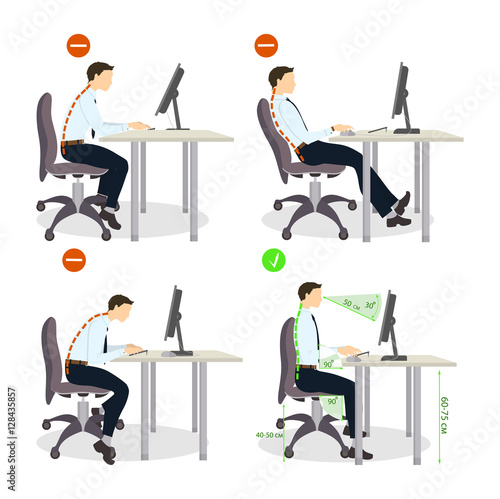Sitting posture set. Right and wrong positions. Healthy lifestyle. photo