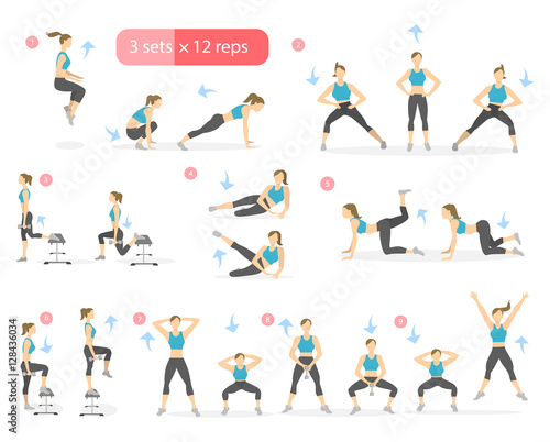 Workout girl set. Woman doing fitness and yoga exercises. Lunges and squats. Leg workout.