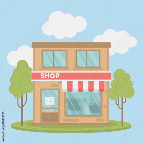 Isolated clothing store. Storefront with sign of sales, and credit card. Concept of shopping.