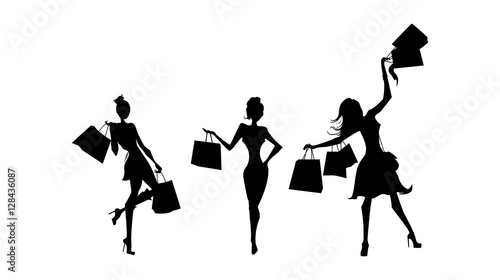 Shopping sillhouettes set. Black sillhouettes of women with shopping bags on white background. Elegant, young and slim women.