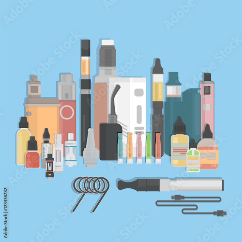 Vaping cigarette set. Vaping devices and liquids. Alternative smoking. New trend.
