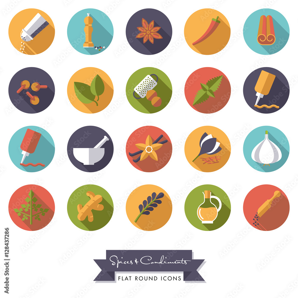 Spices and Condiments Flat Design Round Icon Set