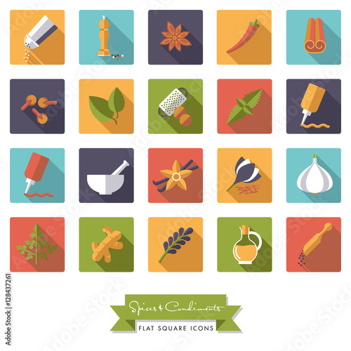 Spices and Condiments Flat Design Square Icon Set