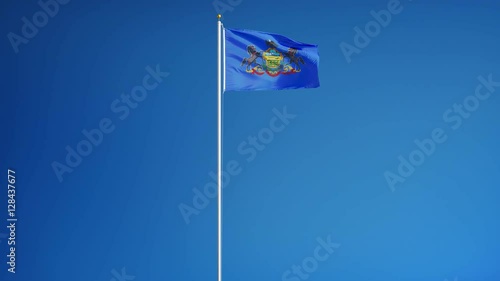 Pennsylvania (U.S. state) flag waving in slow motion against blue sky, seamlessly looped, long shot isolated on alpha channel with black and white matte, perfect for film, news, composition photo