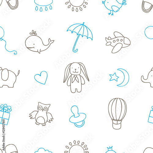 Baby shower related seamless pattern. Hand drawn vector vintage illustration.