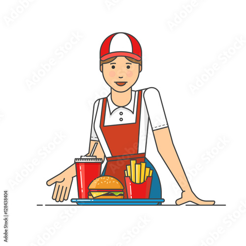 Restaurant worker serving fast food meals. Women suggests to get the order.