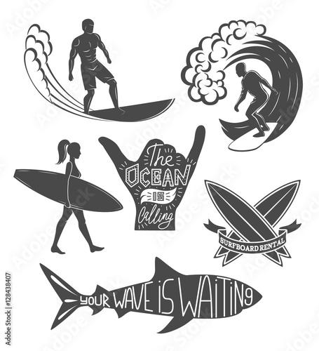 Set of surfing vintage design elements. Surf logo vector illustration. Surfboard logotypes. Retro